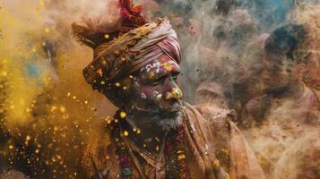 ai generado un hombre con holi polvo, contento holi concepto foto