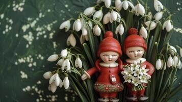 ai generado un chico y un niña participación ramos de flores de campanilla de febrero flores, abrazando el martenitsa tradicion en marzo 1er. foto