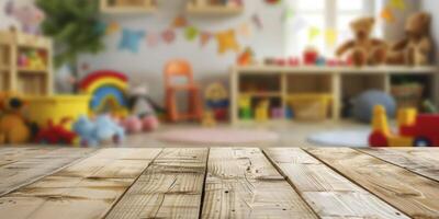 AI generated Wooden Table with Free Space Over a Blurred Background of a Children Room Filled with Kid Toys photo
