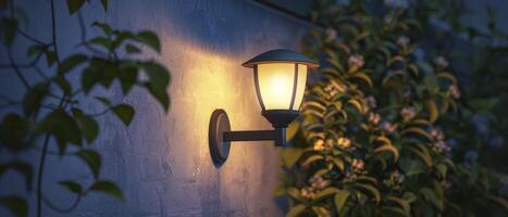 AI generated Night Glow. Close-Up of a Wall Lamp Illuminating the Compound Wall with Bright White Light, Adding Elegance to the Night Scene. photo