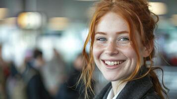 AI generated Airport Chic. A Young Woman, Red-Haired Supermodel, Radiates Style and Confidence in a Sleek Black Suit, Navigating the Bustle of the Airport. photo