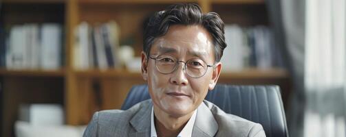 ai generado de edad mediana coreano hombre en su 40s en un oficina ajuste foto