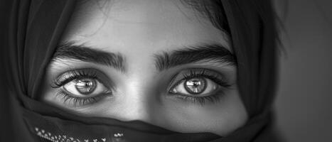 AI generated Elegant Grace. Black and White Photography Showcasing the Beautiful Features of an Arab Girl, Capturing Timeless Beauty and Sophistication. photo