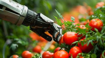 AI generated Advancements in Artificial Intelligence and Machine Learning are transforming to agriculture farming. Automotive robot hand observe and research plants photo