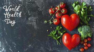 AI generated Heart Shaped fresh veggies with the text World Health Day photo