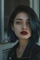 AI generated Exotic Elegance. Russian Mixed Oriental Woman with Striking Black and Blue Hair, Brown Eyes, and Influential Presence as a Model and Influencer. photo