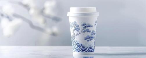 AI generated Exquisite Coffee Cup Packaging. Blue and White Porcelain Design with Embossed Relief, Featuring Tea Picking Scenes, Cloud Motifs, and Glass Texture. photo