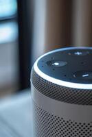 AI generated Close-Up of Smart Speaker, its Voice Command Indicators Illuminated, Ready to Respond photo