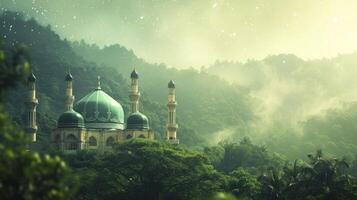 AI generated A beautiful mosque in the green natural background photo