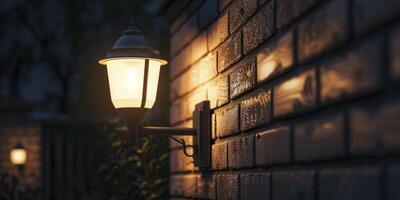 AI generated Night Glow. Close-Up of a Wall Lamp Illuminating the Compound Wall with Bright White Light, Adding Elegance to the Night Scene. photo