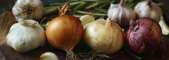 AI generated Top view of onions and garlic photo