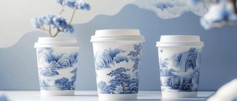 AI generated Exquisite Coffee Cup Packaging. Blue and White Porcelain Design with Embossed Relief, Featuring Tea Picking Scenes, Cloud Motifs, and Glass Texture. photo