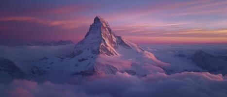 AI generated Europe Majestic Peaks. Aerial Drone View Capturing the Stunning Evening Colors and Soft Light of the Mountainous Landscape. photo