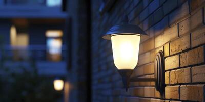 AI generated Night Glow. Close-Up of a Wall Lamp Illuminating the Compound Wall with Bright White Light, Adding Elegance to the Night Scene. photo