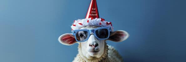 ai generado eid concepto oveja vistiendo un fiesta sombrero y Gafas de sol, con el texto eid Mubarak foto