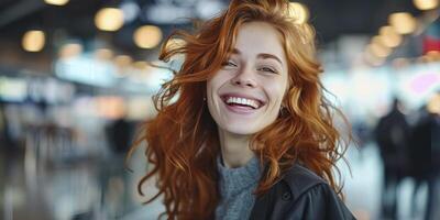 AI generated Airport Chic. A Young Woman, Red-Haired Supermodel, Radiates Style and Confidence in a Sleek Black Suit, Navigating the Bustle of the Airport. photo