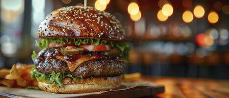 ai generado candente satisfacción. jugoso filete hamburguesa servido en un plato encima un de madera mesa, tentador el gusto brotes con sus irresistible aroma y sabor. foto