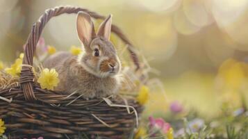 AI generated Easter bunny on spring basket, Happy Easter Day photo