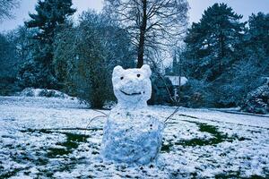 peculiar monigote de nieve con un alegre expresión en pie en un Nevado paisaje con arboles en el antecedentes en Harrogate, norte yorkshire, Reino Unido. foto