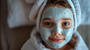 AI generated Cute little girl with clay facial mask on her face at home photo