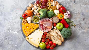 AI generated Healthy food ham, cheese, vegetables, fruits and bread photo