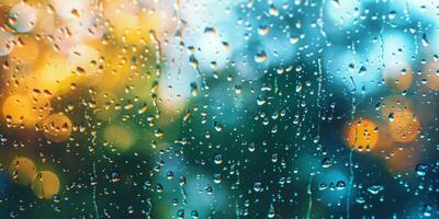 AI generated Rain drops on the window with bokeh background. Abstract background photo