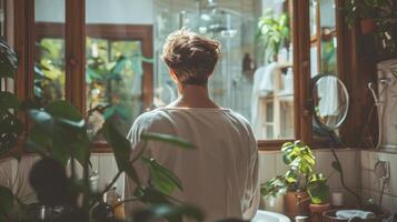 ai generado joven hombre en bata de baño mirando mediante el ventana a hogar foto