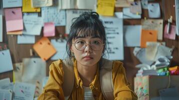 AI generated Asian businesswoman sitting at her desk in office photo