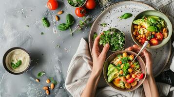 AI generated Female hands with bowl of tasty chickpeas salad on table, top view photo