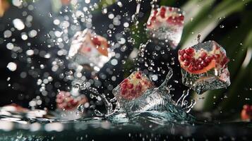 AI generated Pomegranate and ice cubes falling in water with green leaves background photo