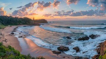 AI generated Aerial view of beautiful sandy beach at sunset. Beautiful seascape. photo