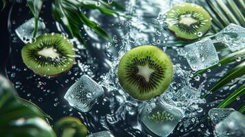 AI generated Kiwi fruit with ice cubes and green leaves on dark background photo