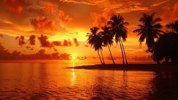 AI generated Palm trees silhouetted against sunset on tropical island photo