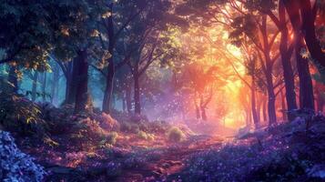 AI generated Beautiful fantasy forest with sunlight and fog. Magical atmosphere photo