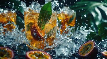 AI generated Passion fruit cocktail with ice and water splash on black background. photo