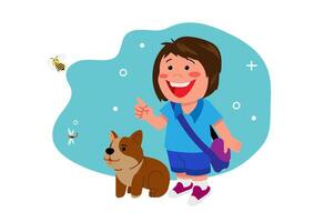 A cute little boy takes his dog for a walk to see nature. vector