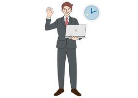 Young businessman holding a laptop in a suit Waving to greet customers vector