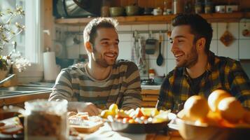 AI generated Two young men are sitting at the table in the kitchen and smiling. photo