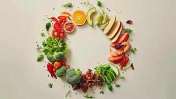 ai generado sano comida concepto. Fresco verduras, frutas y pescado en blanco antecedentes foto