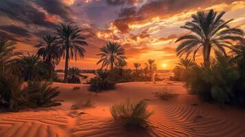 AI generated Palm trees in the desert at sunset photo