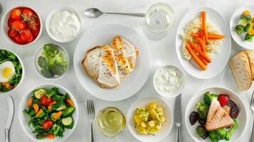 AI generated Healthy food on a white wooden table. Top view photo