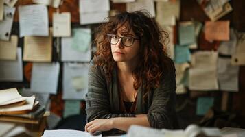 AI generated Serious young woman in eyeglasses sitting in the office photo