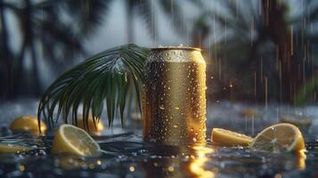 AI generated Lemon soda can on the water with palm leaf and rain drops photo