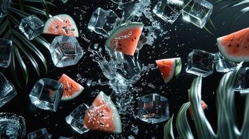 AI generated Watermelon slices with ice cubes on black background with tropical leaves. photo