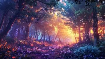 AI generated Mystical forest with fog and flowers. photo