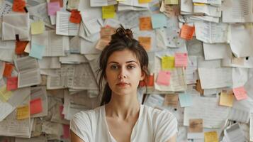 ai generado joven mujer de negocios en frente de un pared lleno de documentos foto