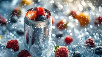 AI generated Frozen berries in a glass with water drops on white background photo