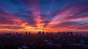 ai generado dramático puesta de sol terminado el ciudad horizonte foto