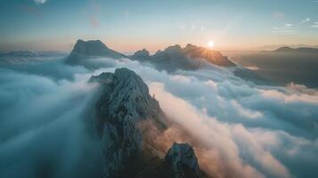 AI generated Sunrise over the clouds in the mountains photo