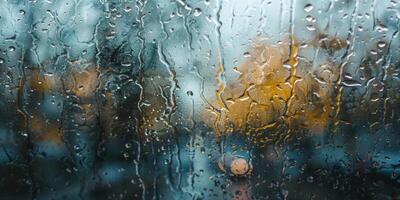 AI generated Raindrops on the glass, view of the city from the window photo